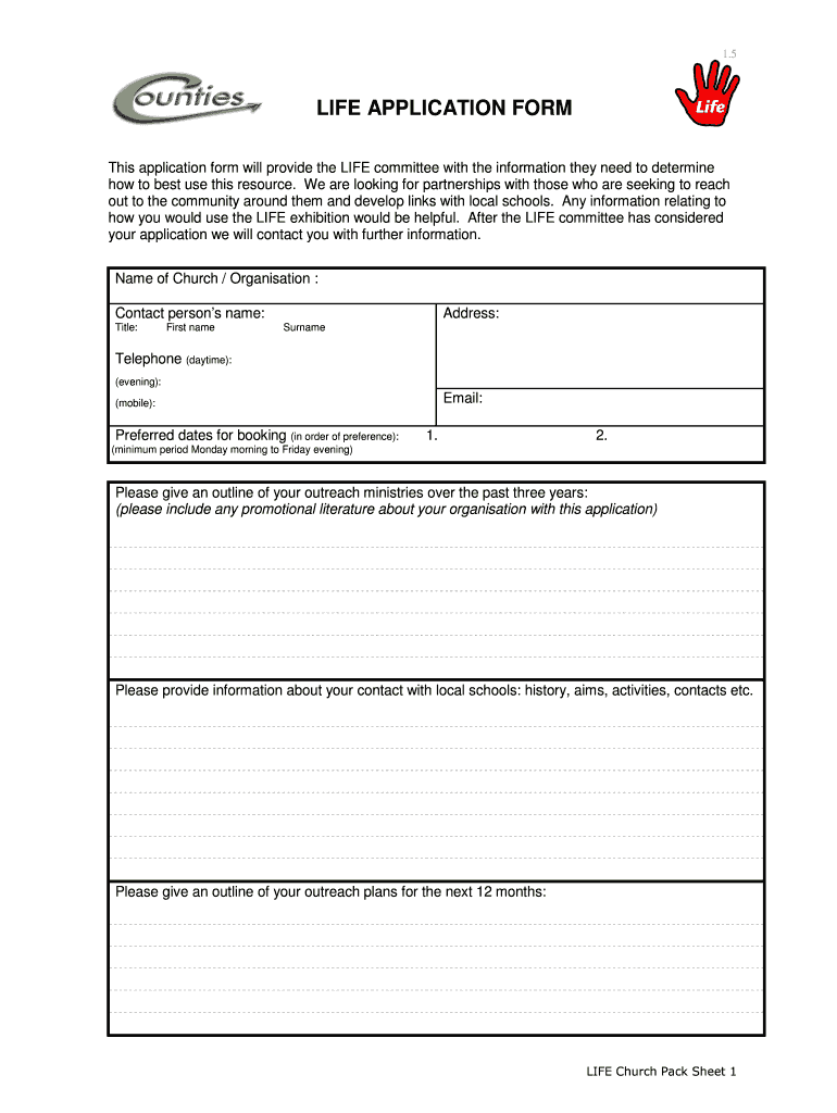 LIFE APPLICATION FORM - Life Exhibition Preview on Page 1