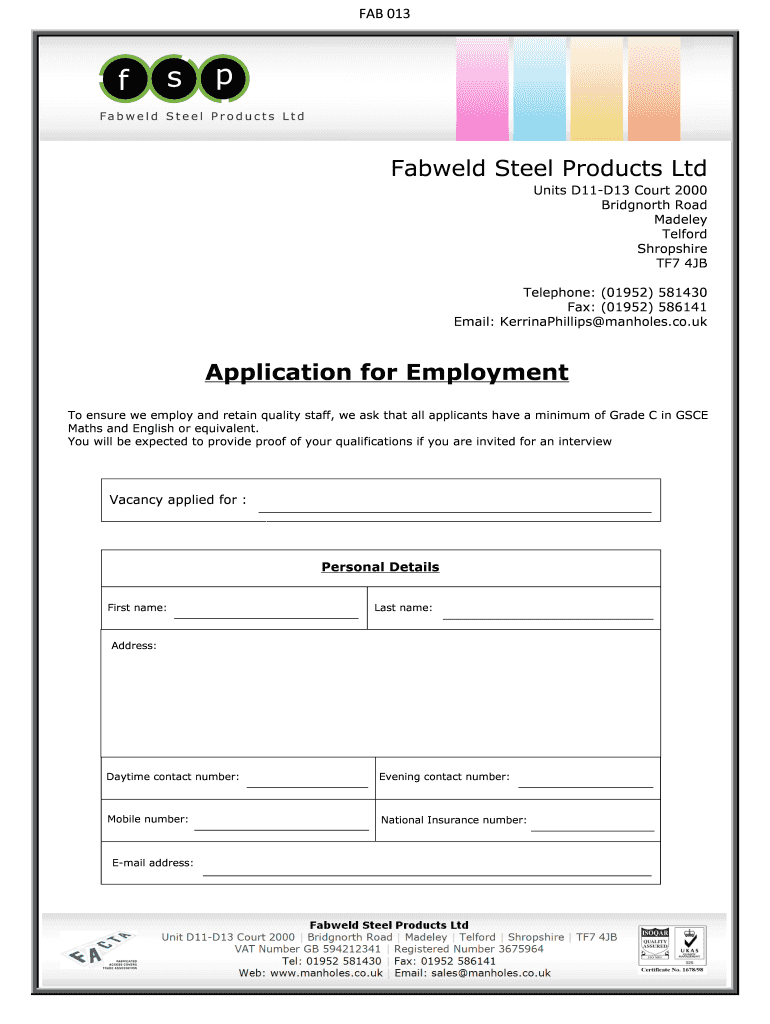 Application for Employment Fabweld Steel Products Ltd Preview on Page 1