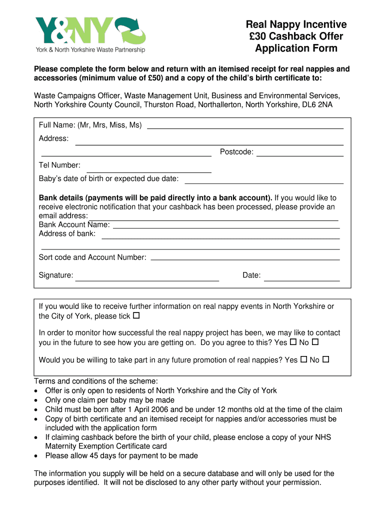 Real Nappy Incentive 30 Cashback Offer Application Form Preview on Page 1