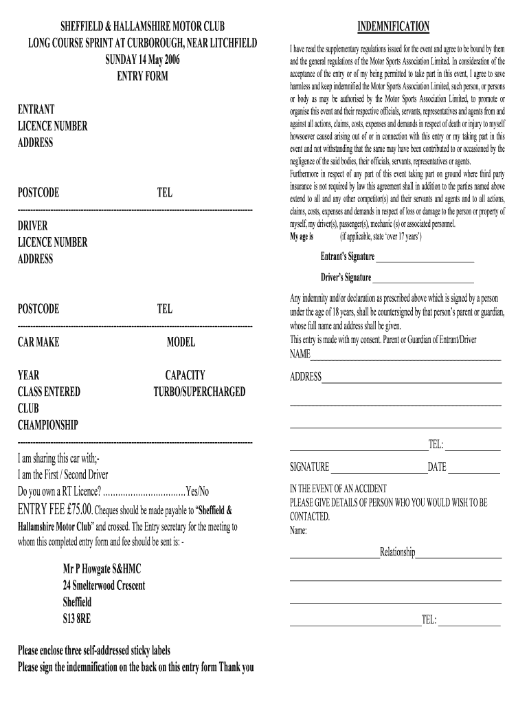 Sheffield and Hallamshire Motor Club Long Course Sprint Entry Form 2006 Sheffield and Hallamshire Lo Preview on Page 1