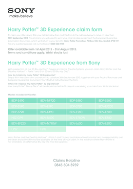Harry Potter 3D Experience Claim Form