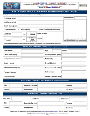 Work and Travel Application Form