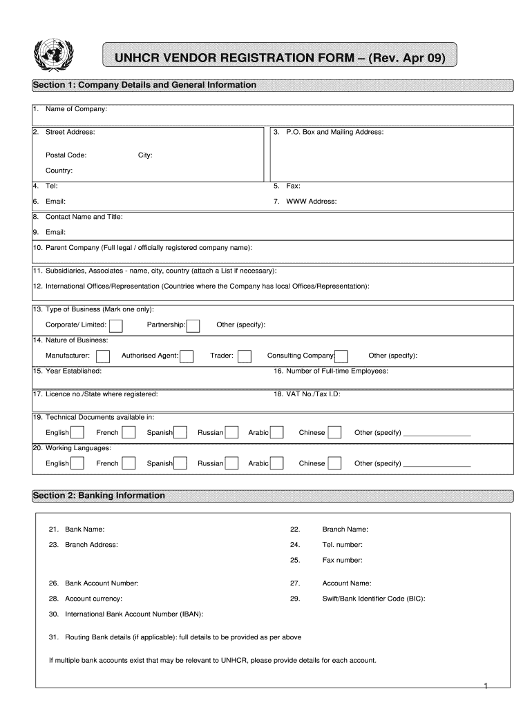 unhcr vendor registration form Preview on Page 1