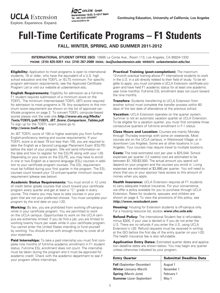 Fillable Online Full Time Certificate Programs F1 Students Fax Email