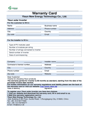 Yisun Solar Inverter Warranty Card