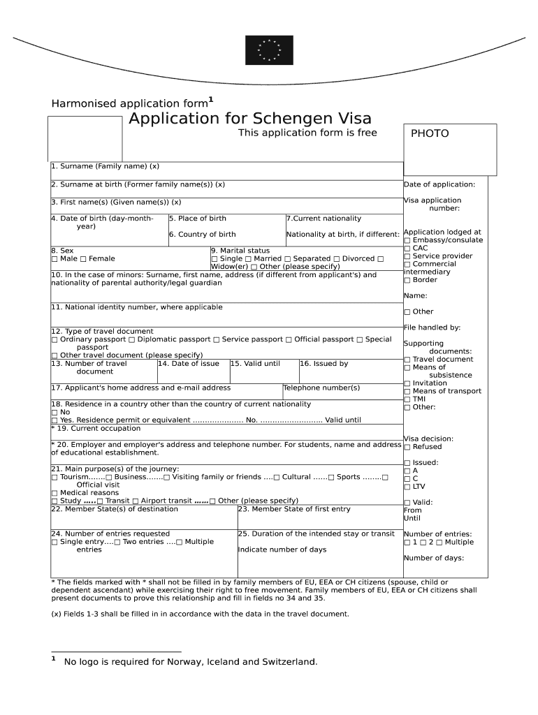 Harmonised Application Form Application For Schengen Visa Fill Out 