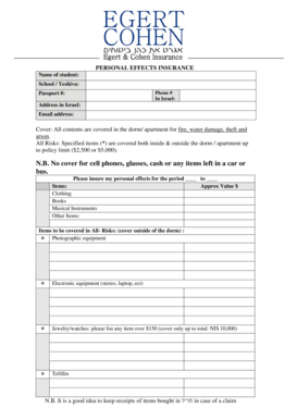 Personal Effects Insurance Form