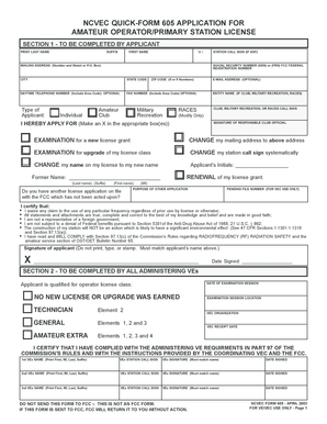 NCVEC Form 605 Application for Amateur Operator License