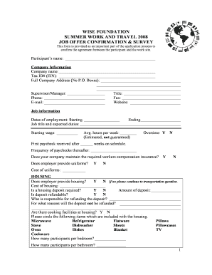 Summer Work and Travel 2008 Job Offer Confirmation & Survey
