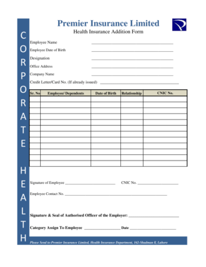 Health Insurance Addition Form
