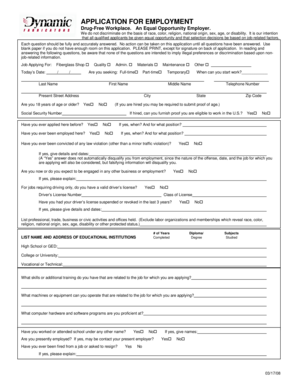 APPLICATION FOR EMPLOYMENT Drug-Free Workplace