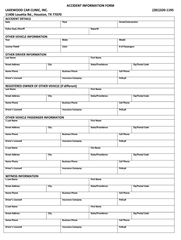 Fillable Online ACCIDENT INFORMATION FORM LAKEWOOD CAR CLINIC, INC