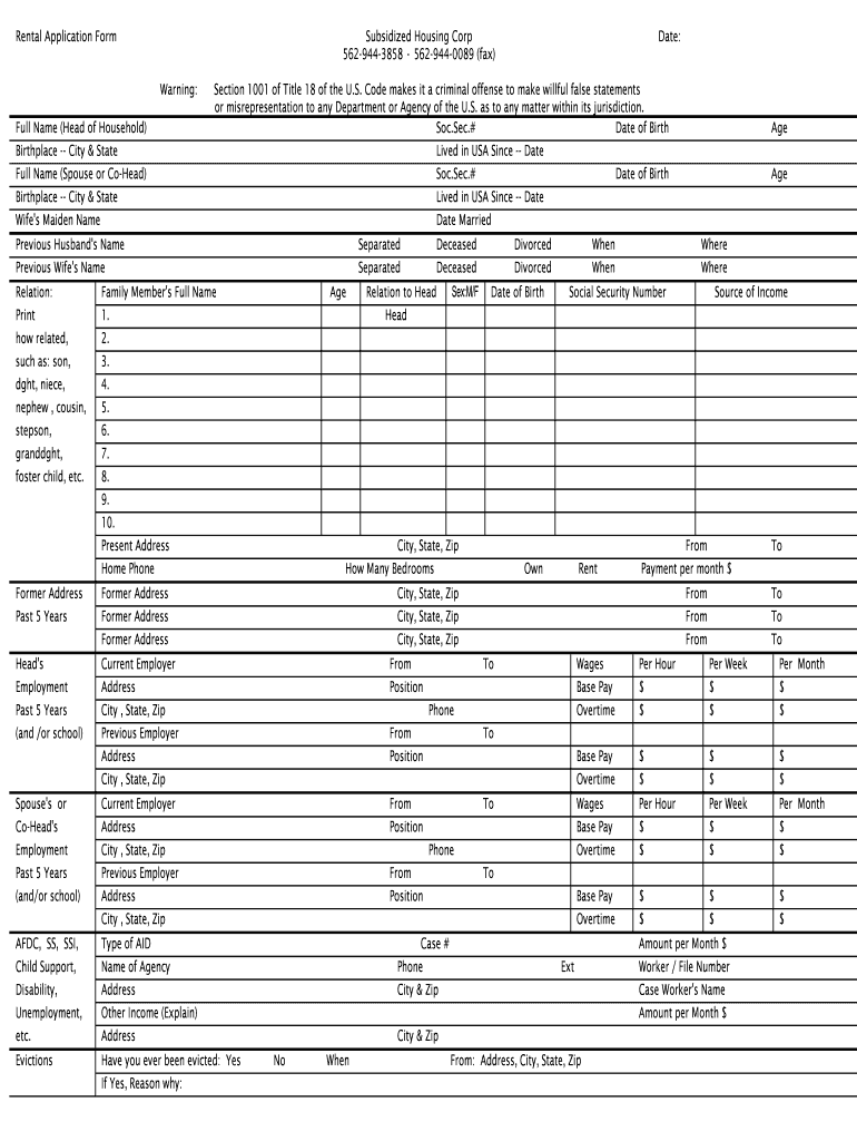 Fillable Online Rental Application Form Subsidized Housing Corp ...