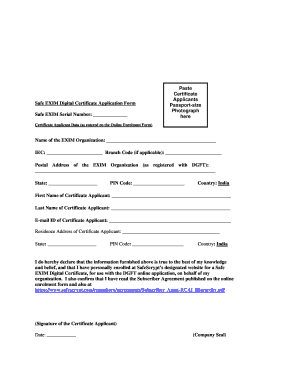Safe EXIM Digital Certificate Application Form