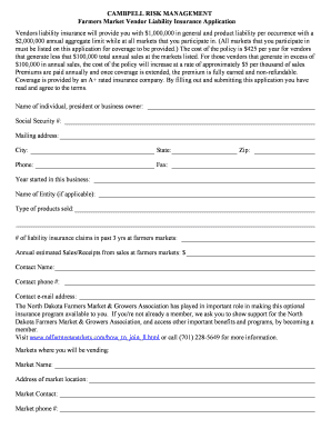 Farmers Market Vendor Liability Insurance Application