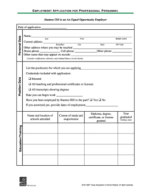 Employment Application for Professional Personnel