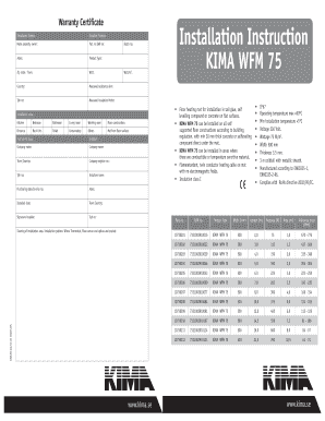 Warranty Certificate for KIMA WFM 75