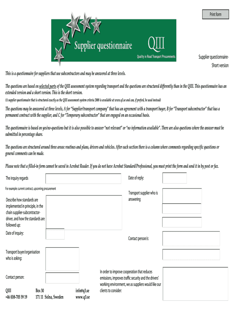 Supplier questionnaire- Short version Preview on Page 1