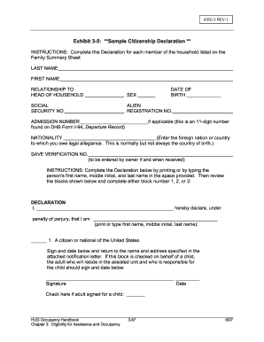 Tenant declaration form - 3 REV1 Exhibit 35: **Sample Citizenship Declaration ** INSTRUCTIONS: Complete this Declaration for each member of the household listed on the Family Summary Sheet LAST NAME FIRST NAME RELATIONSHIP TO HEAD OF HOUSEHOLD SEX DATE OF BIRTH - k