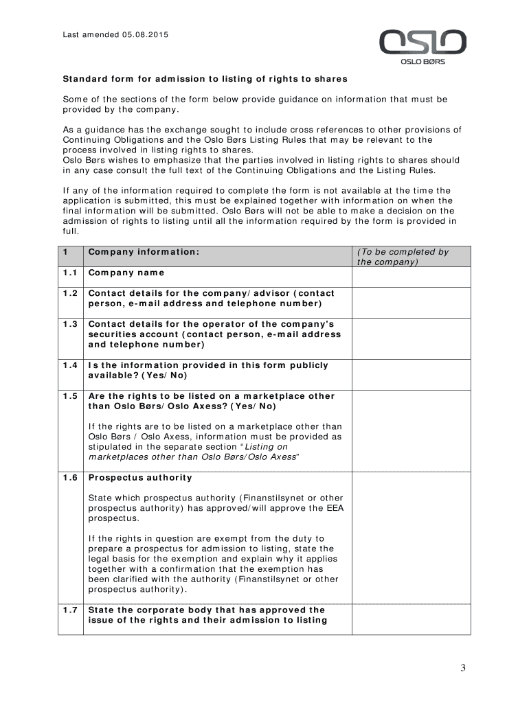 Admission to listing of other rights to shares - Oslo B rs Preview on Page 1