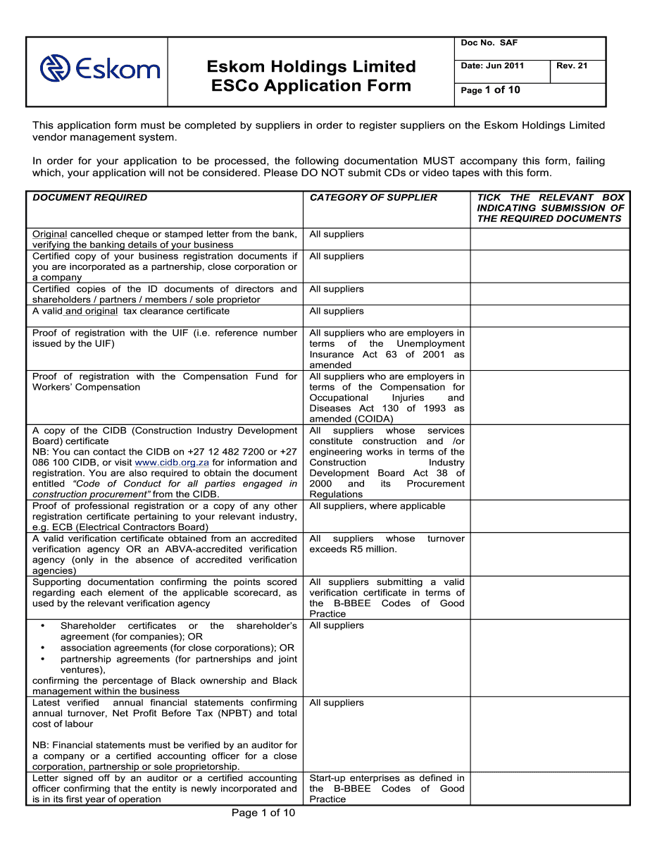 Eskom Vendor Registration Form