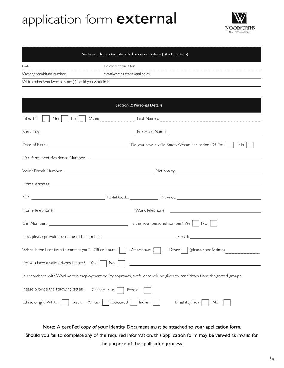 Woolworths Job Application Form