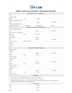 Sample credit application form for business - Air Care Limited Credit Application