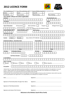 2012 Athletics South Africa Licence Form