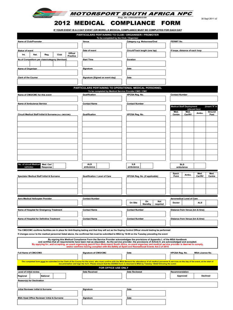 2012 MSA Medical Compliance Form-1 Preview on Page 1