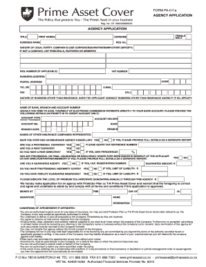 Agency Application Fax Form - Prime Asset Cover