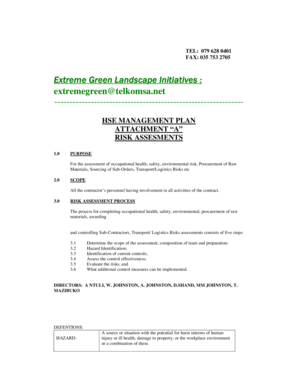 HSE Management Plan Risk Assessment Form