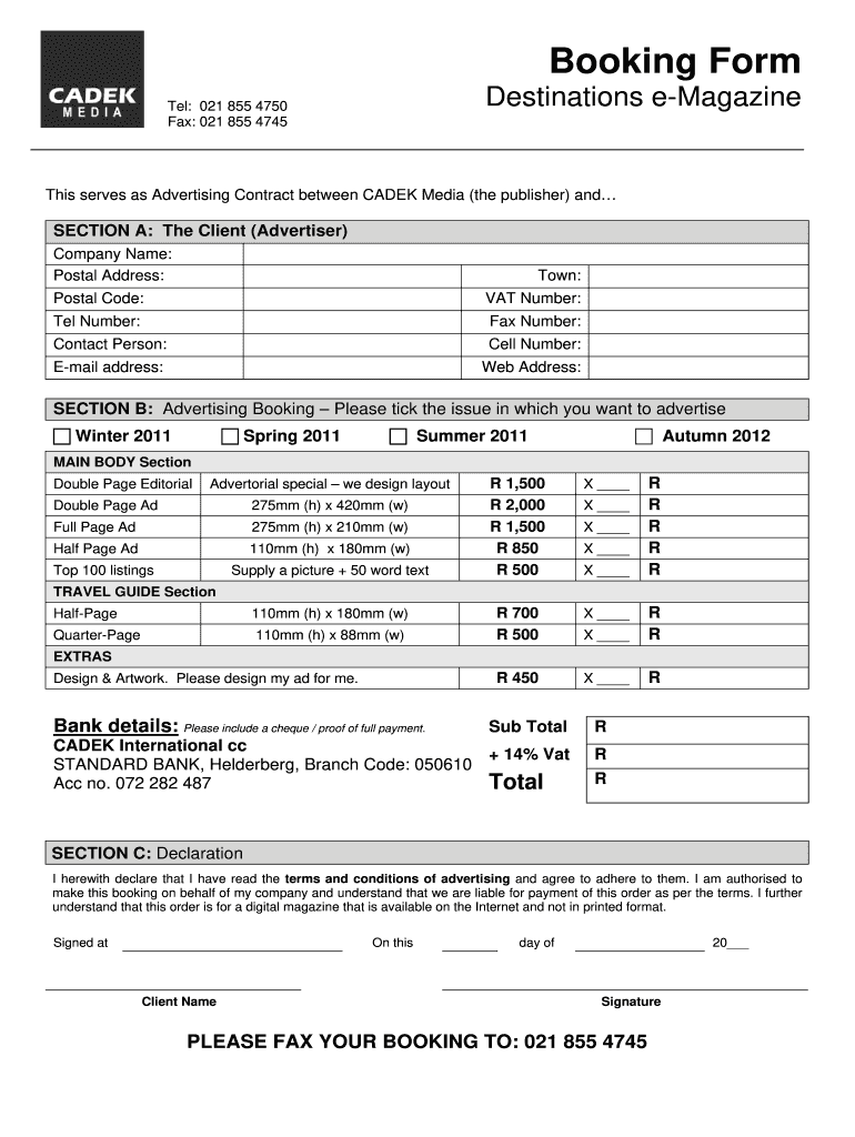 Media Booking Form Fill Online Printable Fillable Blank PdfFiller