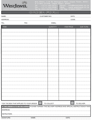 Jewellery Order Form