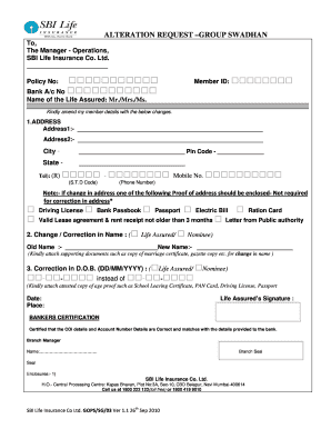 Fillable Online Alteration Request Form - SBI Life ...