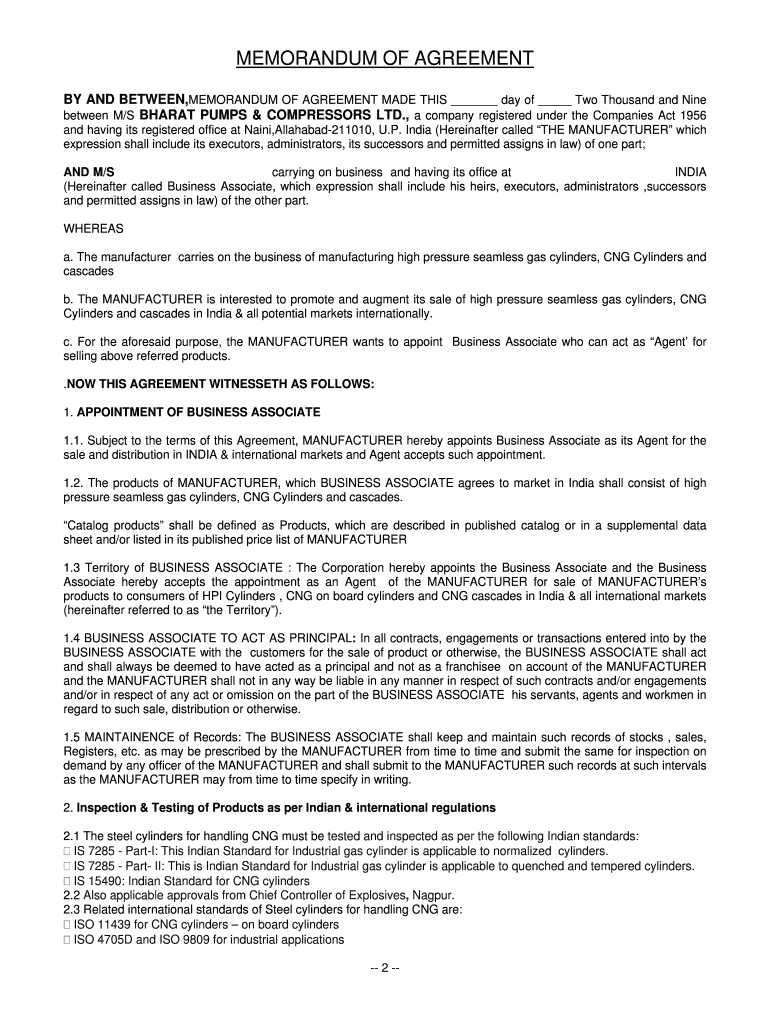 Fillable Online bharatpumps co MEMORANDUM OF AGREEMENT Bharat Pumps