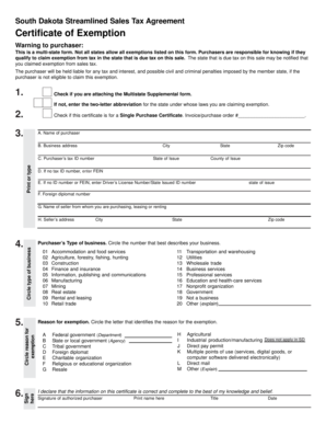 South Dakota Streamlined Sales Tax Agreement Certificate of Exemption