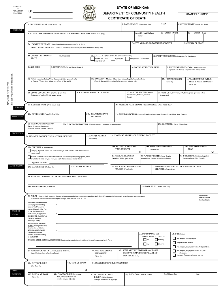 Michigan Death Certificate Form - Fill Online, Printable, Fillable Intended For Fake Death Certificate Template