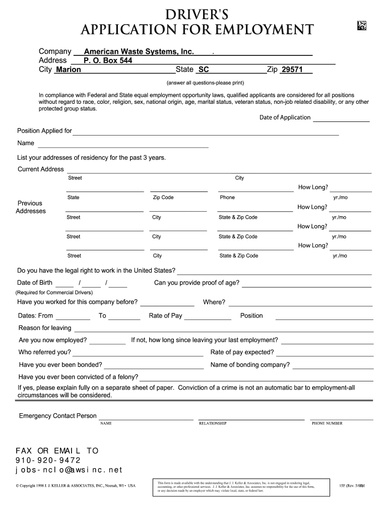 Driver's application for employment - American Waste Systems Preview on Page 1