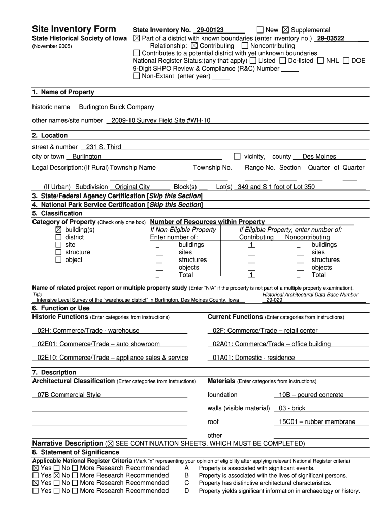 Site Inventory Form State Inventory No - City of Burlington - burlingtoniowa Preview on Page 1