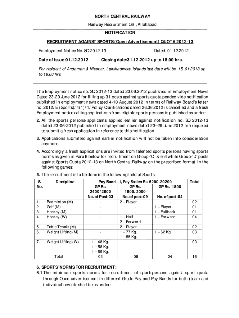 NORTH CENTRAL RAILWAY Railway Recruitment Cell, Allahabad Preview on Page 1