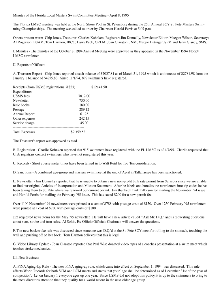 Minutes of the Florida Local Masters Swim - Florida LMSC Preview on Page 1