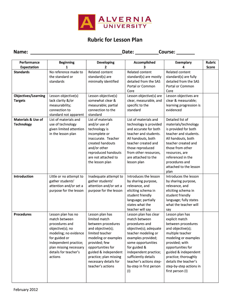 Rubric for Lesson Plan - alvernia Preview on Page 1