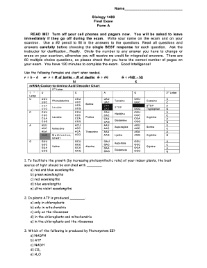 Biology 1480 Final Exam Form A