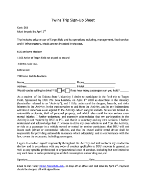 Twins Trip Sign-Up Sheet - Dakota State University