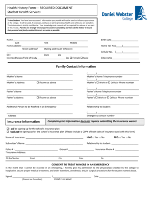 Student Health History Form