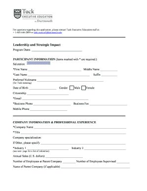 Tuck Executive Education Application Form