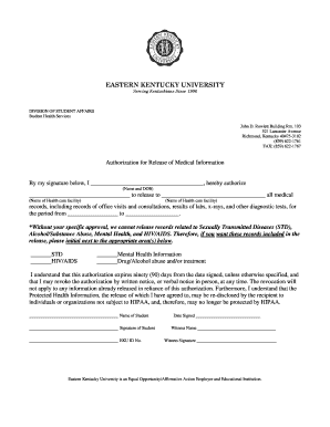 Medical Release Form - Health Services - Eastern Kentucky University