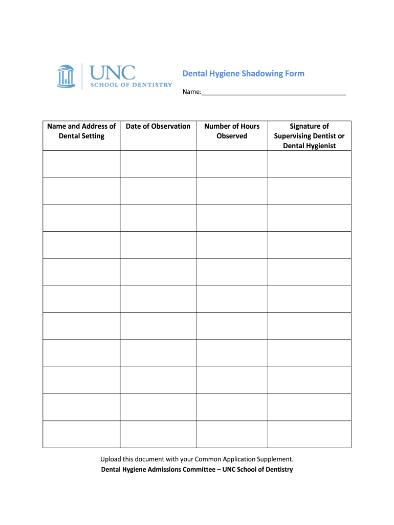 UNC Dental Hygiene Shadowing Form Fill and Sign Printable Template