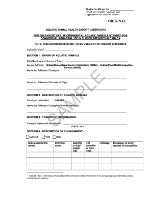 Aquatic Animal Health Export Certificate