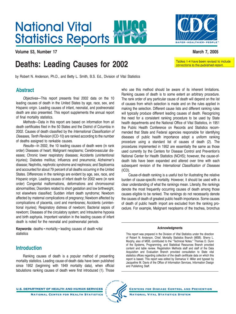 National Vital Statistics Report, Vol 53, No 17 (3 7 2005) Death: Leading Causes for 2002 - cdc Preview on Page 1
